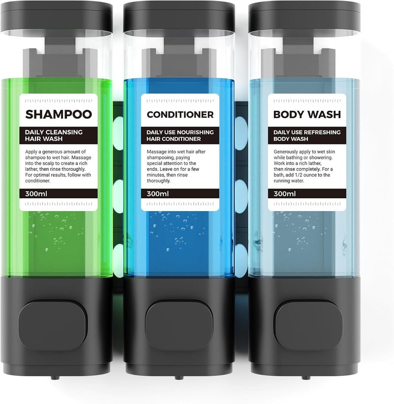 Aeakey 3-Chamber Wall Mounted Shampoo and Conditioner Dispenser,300ML Each Shower Soap Dispenser,Easy Refill,No Drip,Ideal for Shampoo,Conditioner,Body Wash for Bathroom Kitchen Hotel Black - Image 1